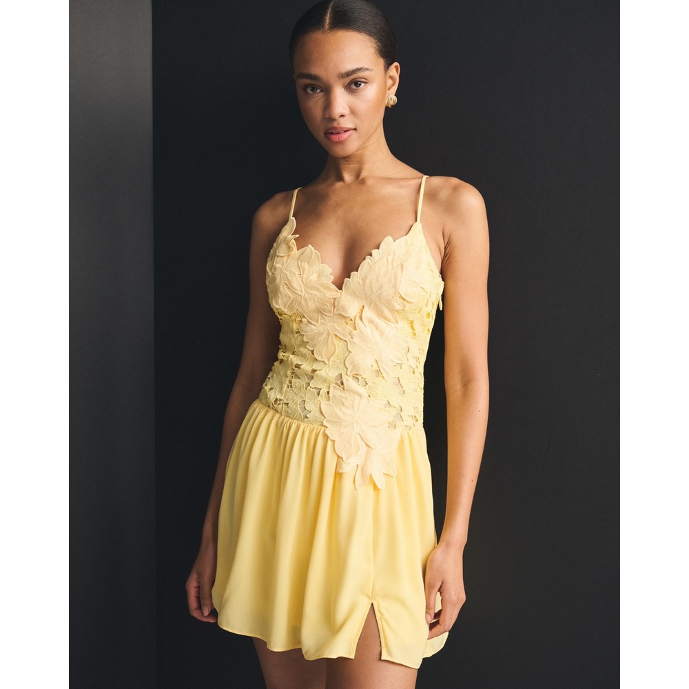 Abercrombie & Fitch Yellow Floral Lace Applique Mini Dress KI159-26005 XS